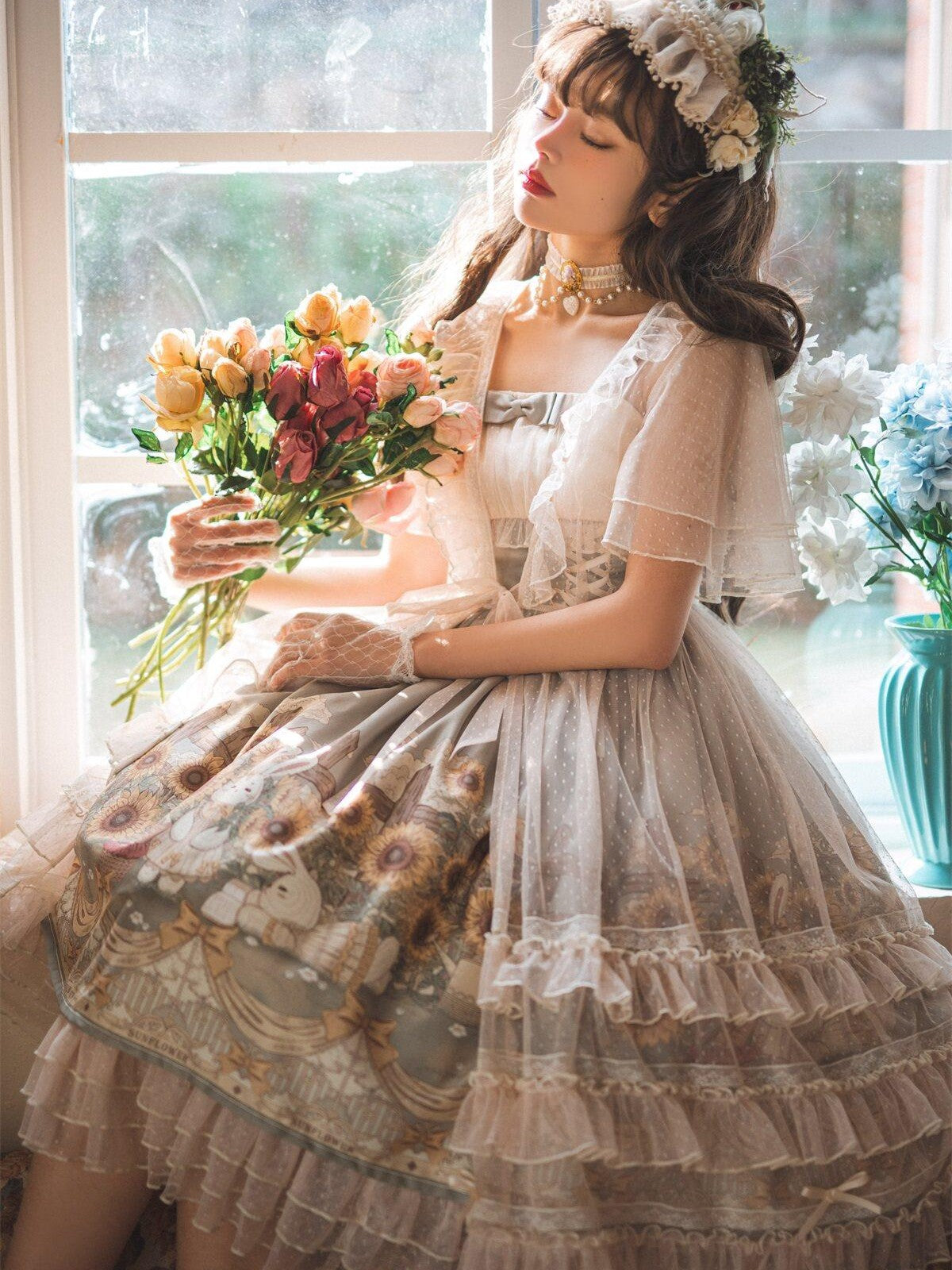 Sweet Promise Princess Rabbit Floral Lace V-neck Lolita Women's Tulle Jsk / Jumper Skirts