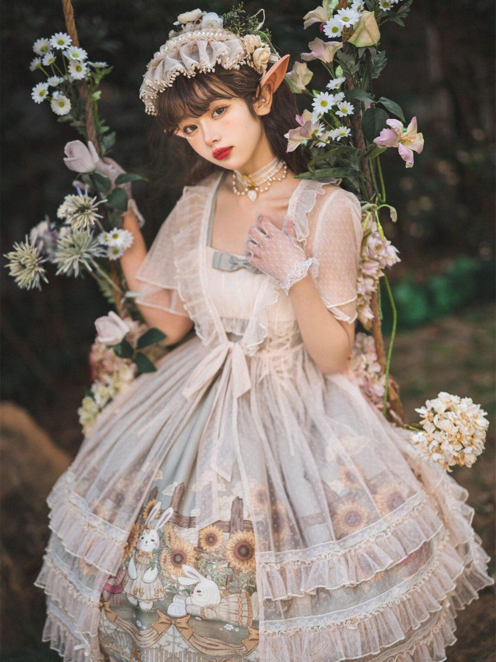 Sweet Promise Princess Rabbit Floral Lace V-neck Lolita Women's Tulle Jsk / Jumper Skirts