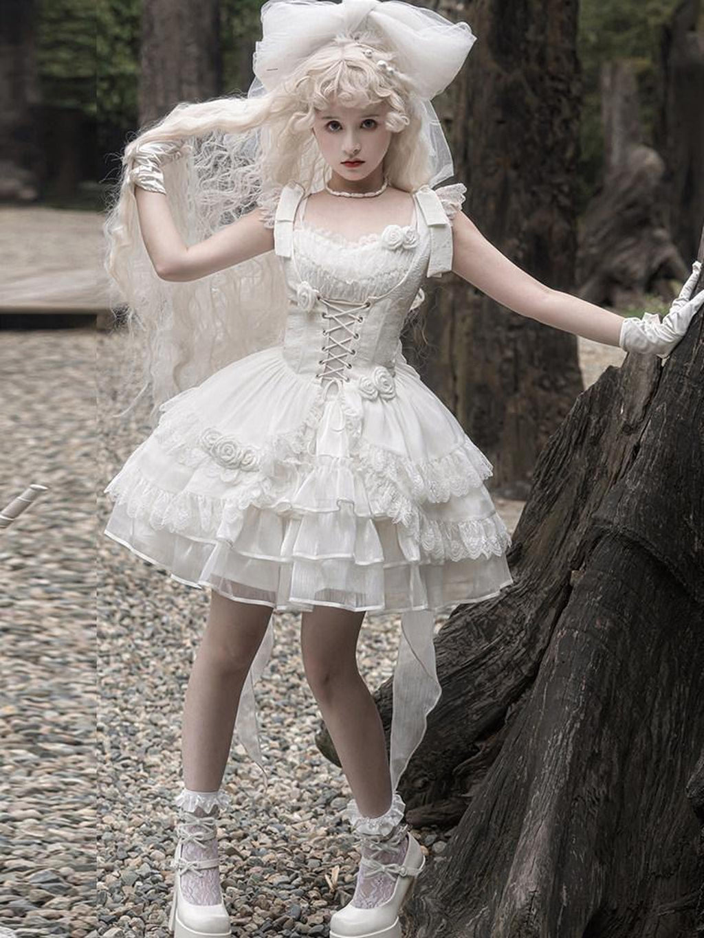 Sweet Promise Pure White Floral Bridal Cap Sleeve Waist Cinched Women's Jsk / Jumper Skirts