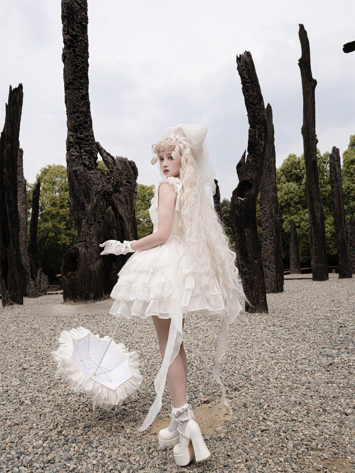 Sweet Promise Pure White Floral Bridal Cap Sleeve Waist Cinched Women's Jsk / Jumper Skirts