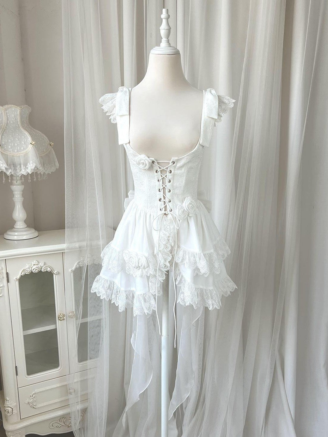 Sweet Promise Pure White Floral Bridal Cap Sleeve Waist Cinched Women's Jsk / Jumper Skirts