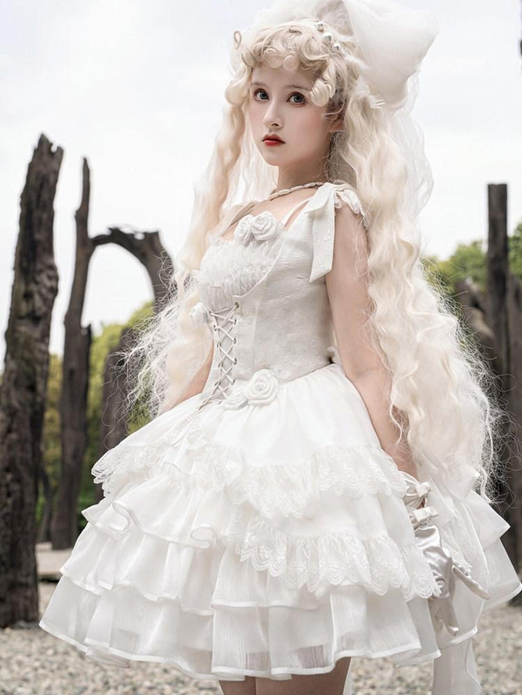 Sweet Promise Pure White Floral Bridal Cap Sleeve Waist Cinched Women's Jsk / Jumper Skirts
