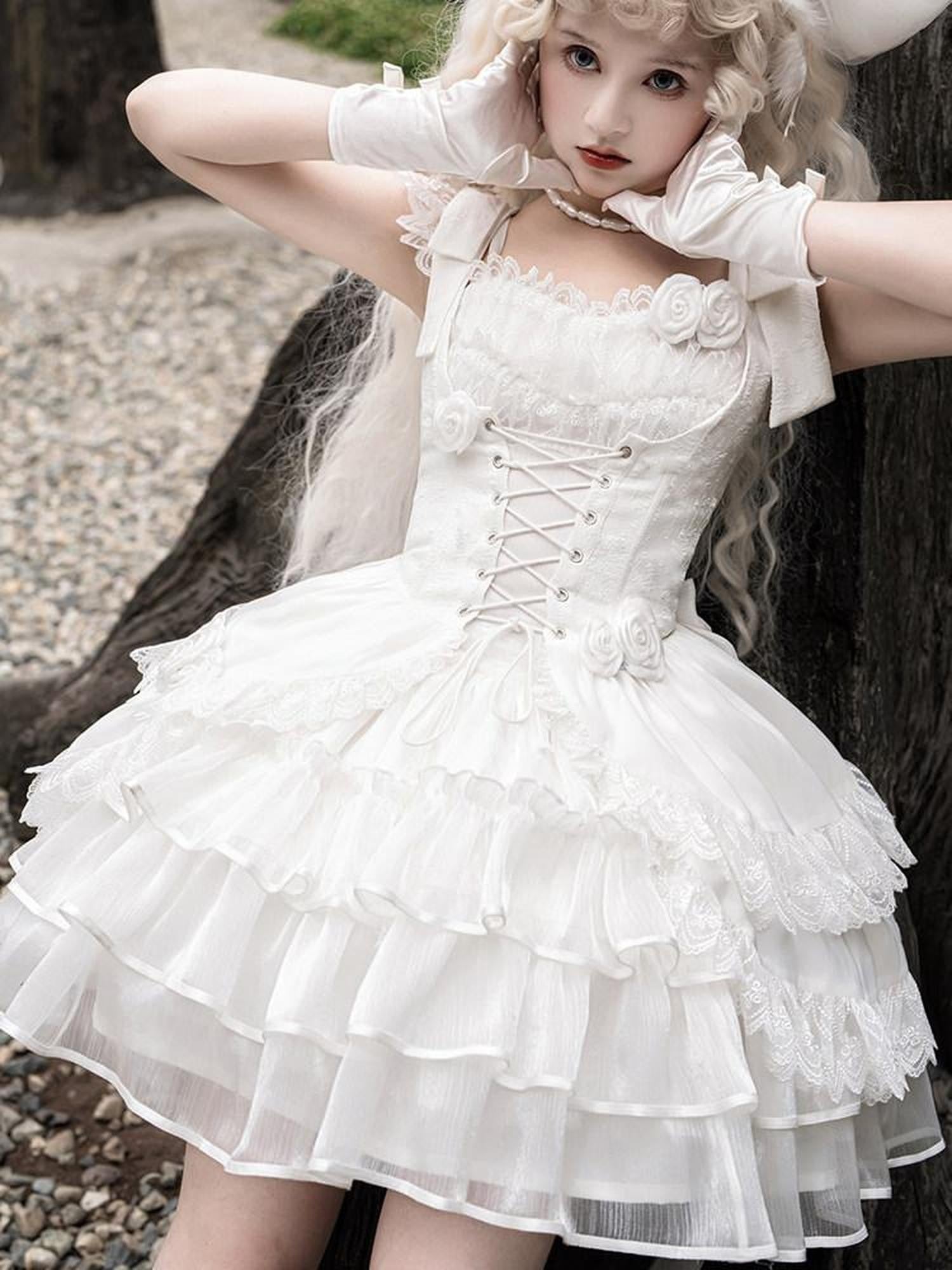Sweet Promise Pure White Floral Bridal Cap Sleeve Waist Cinched Women's Jsk / Jumper Skirts