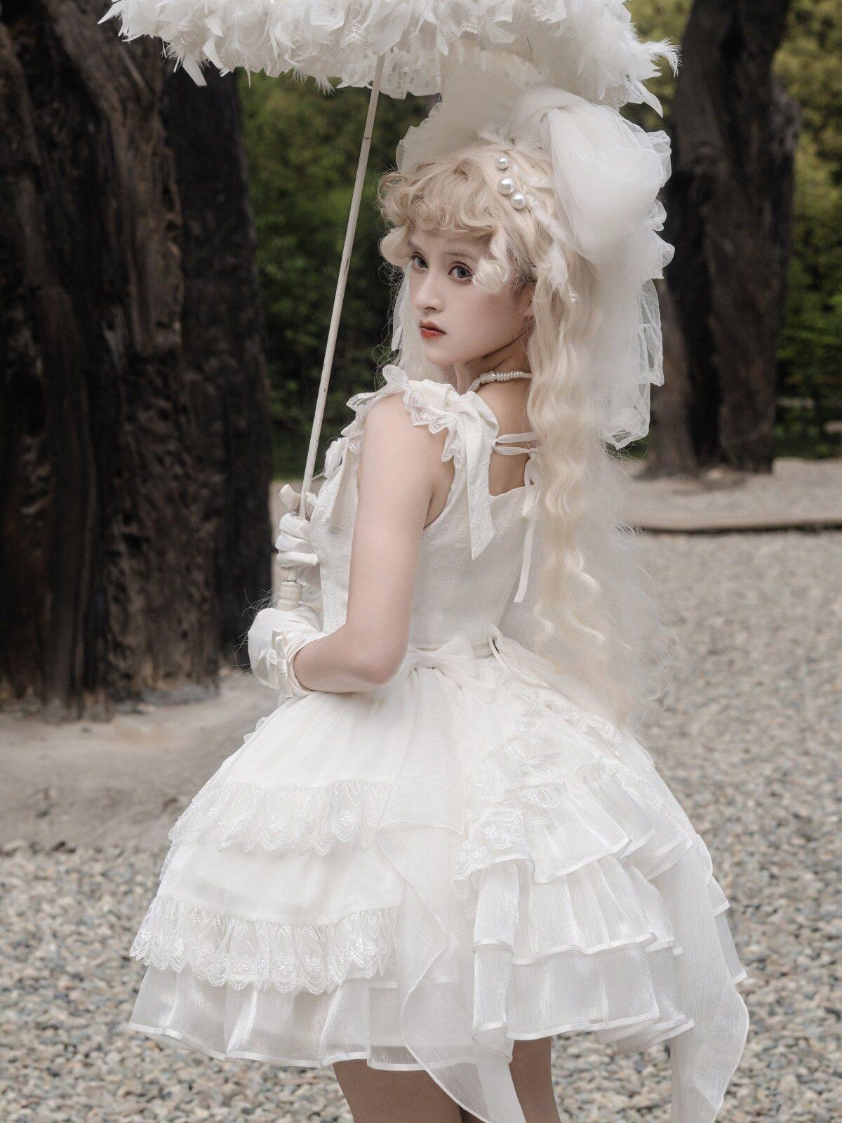 Sweet Promise Pure White Floral Bridal Cap Sleeve Waist Cinched Women's Jsk / Jumper Skirts