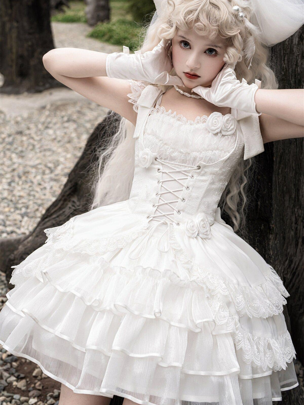 Sweet Promise Pure White Floral Bridal Cap Sleeve Waist Cinched Women's Jsk / Jumper Skirts