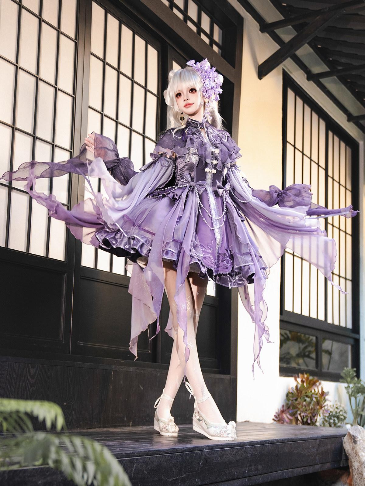 Sweet Promise Purple Chinese Lolita Princess 3 Piece Strap Dress Stand Collar Women's Jsk Sets