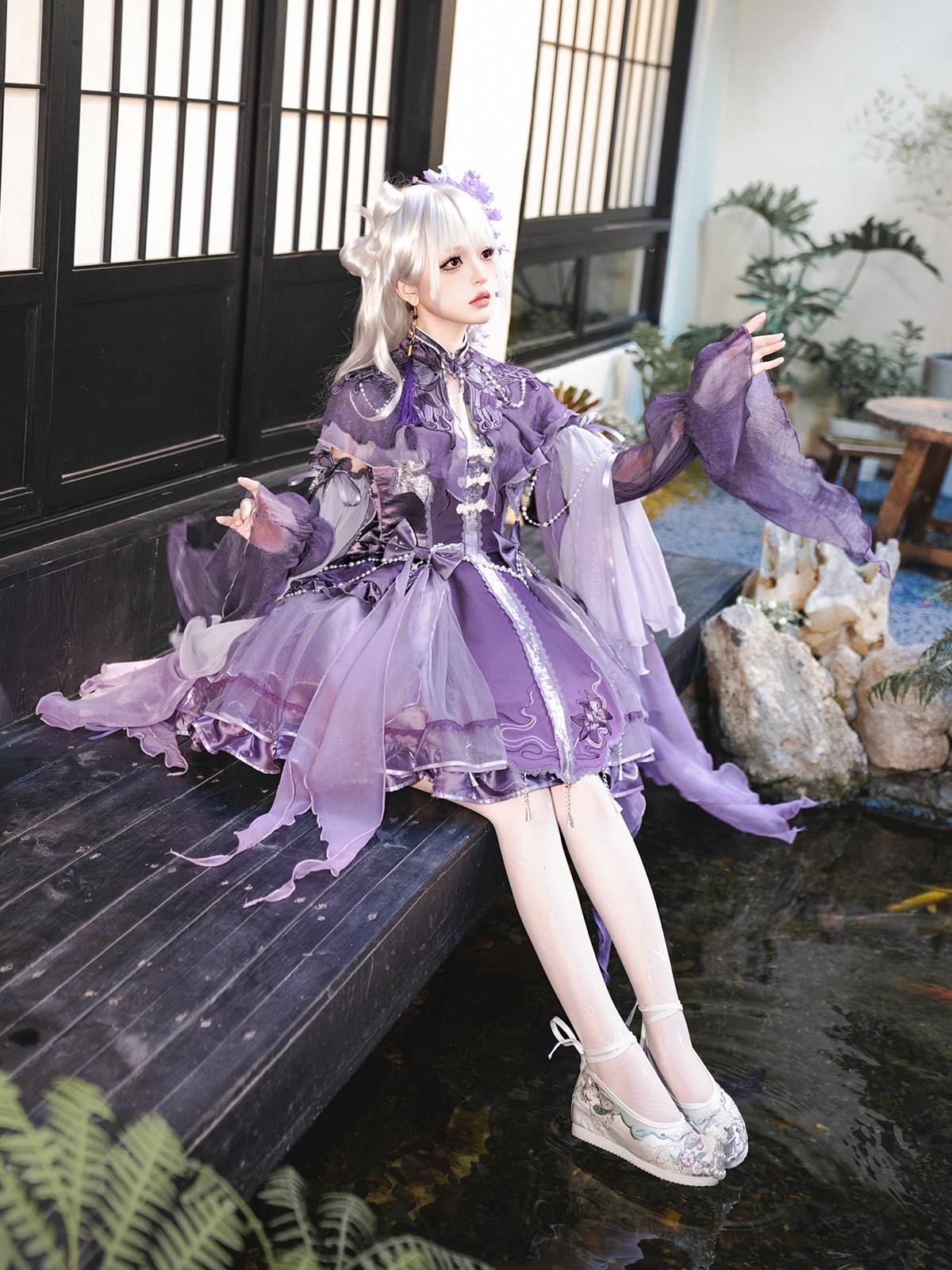 Sweet Promise Purple Chinese Lolita Princess 3 Piece Strap Dress Stand Collar Women's Jsk Sets