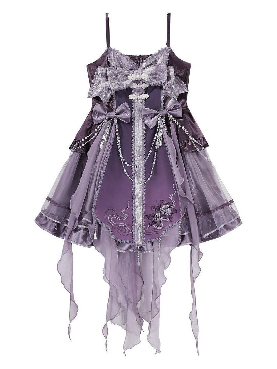 Sweet Promise Purple Chinese Lolita Princess 3 Piece Strap Dress Stand Collar Women's Jsk Sets