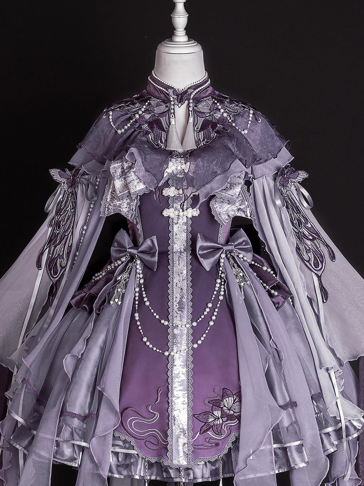 Sweet Promise Purple Chinese Lolita Princess 3 Piece Strap Dress Stand Collar Women's Jsk Sets