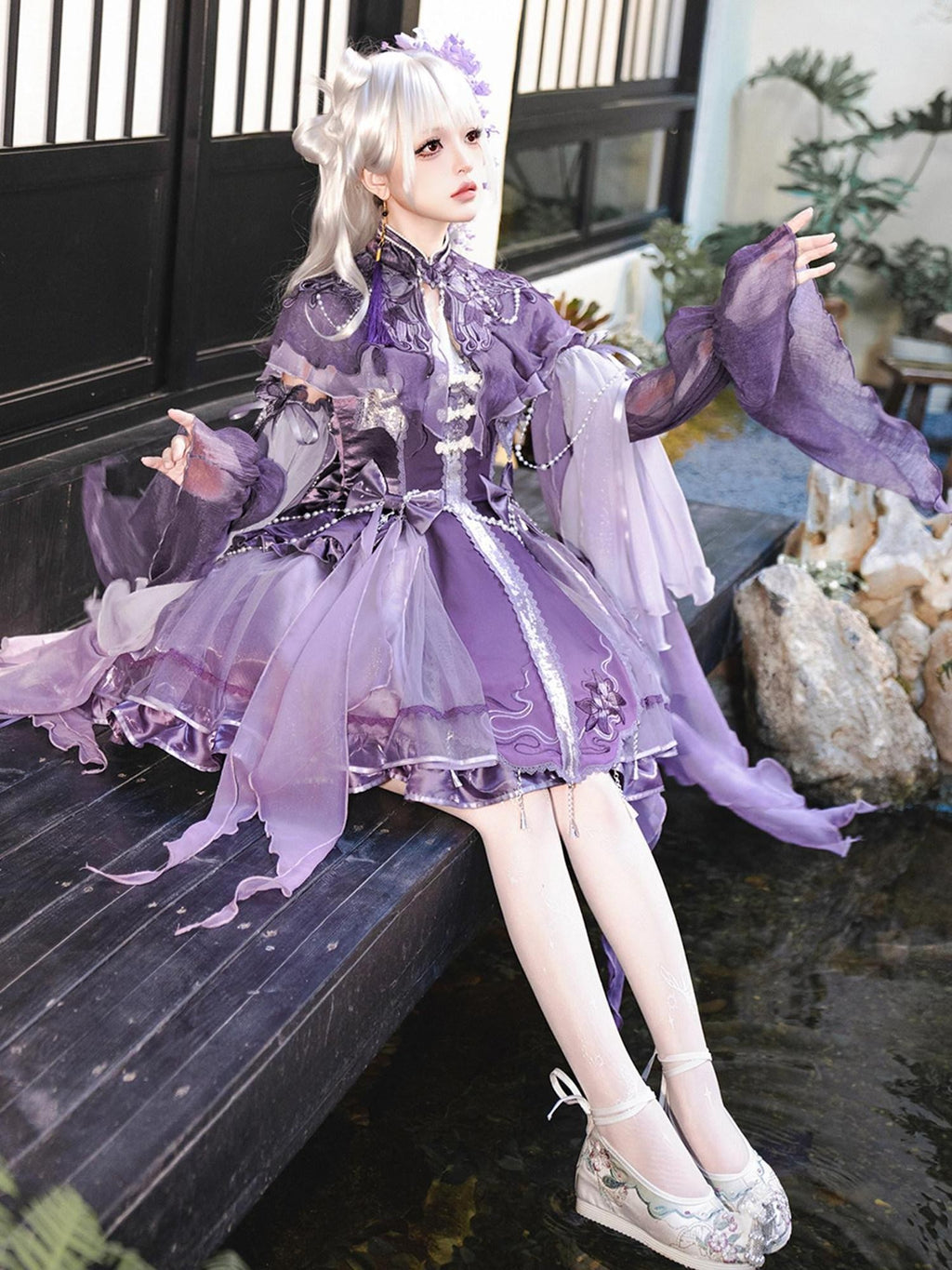 Sweet Promise Purple Chinese Lolita Princess 3 Piece Strap Dress Stand Collar Women's Jsk Sets