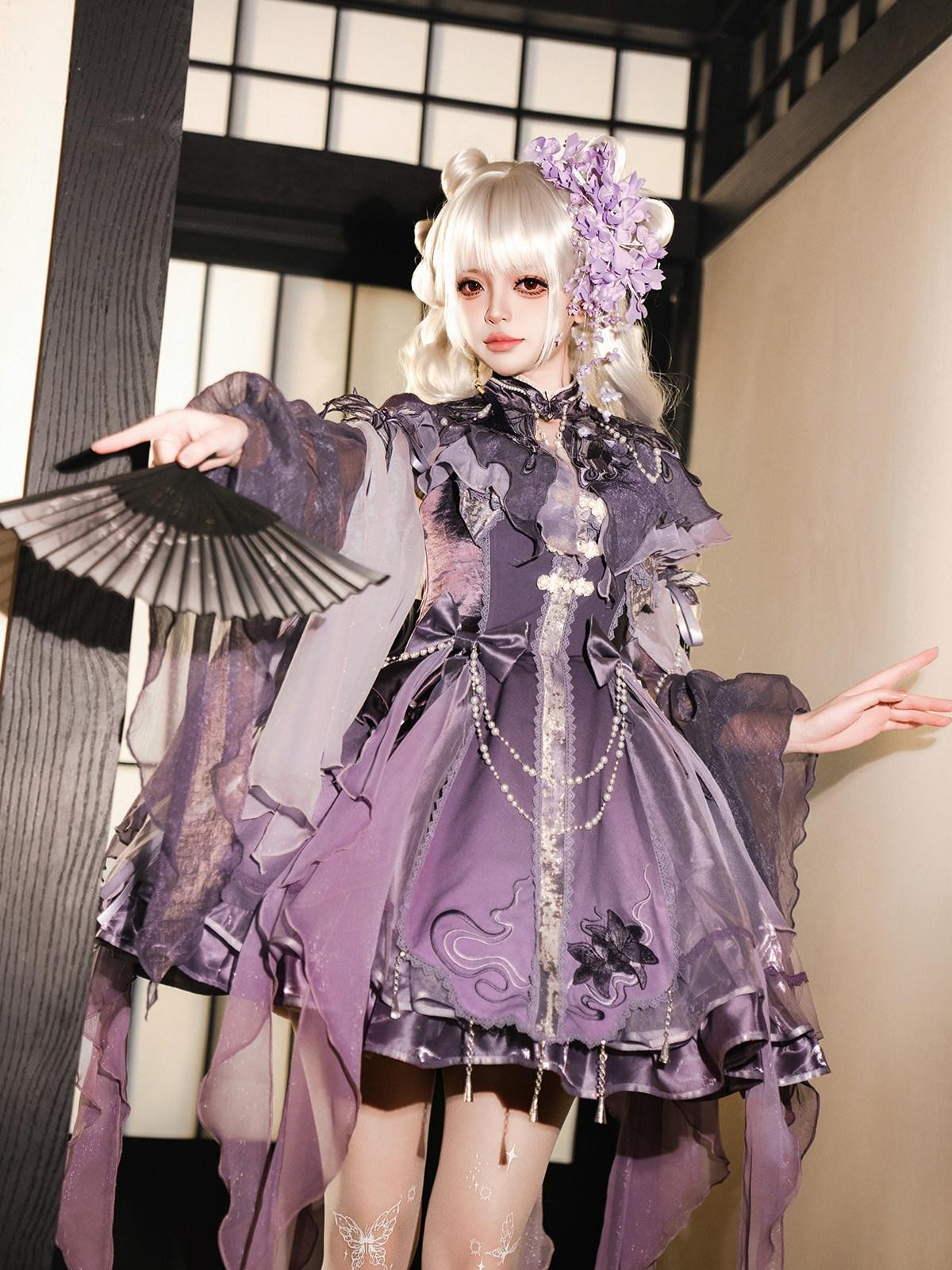 Sweet Promise Purple Chinese Lolita Princess 3 Piece Strap Dress Stand Collar Women's Jsk Sets