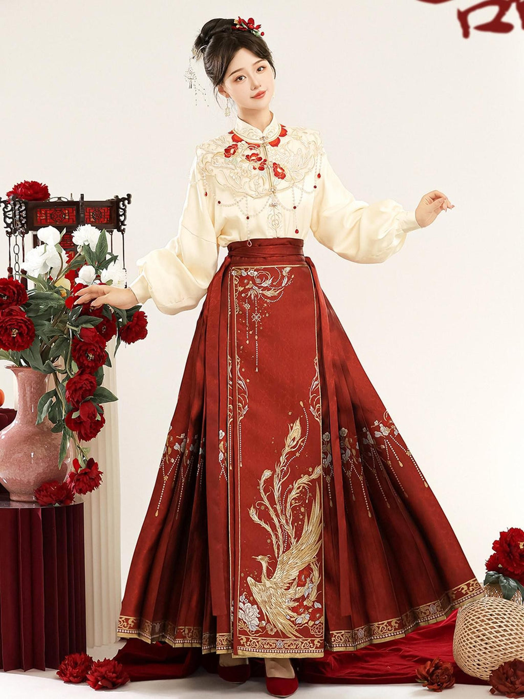 Sweet Promise Red Chinese Hanfu Mamian Long Sleeve Blouse Women's Skirt Sets