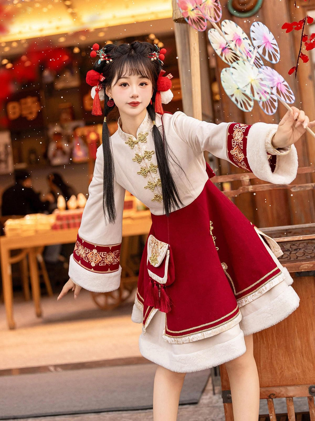 Sweet Promise Red Chinese Lolita A Line Round Neck Three Piece Women's Skirt Sets