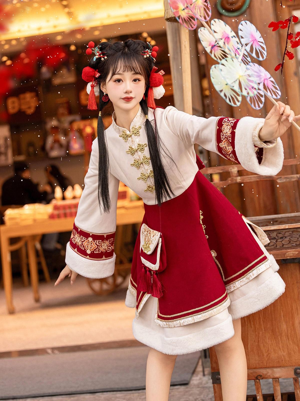 Sweet Promise Red Chinese Lolita A Line Round Neck Three Piece Women's Skirt Sets