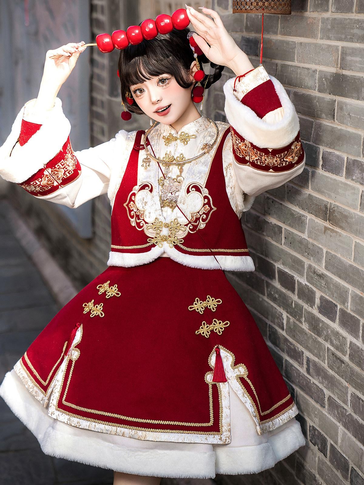 Sweet Promise Red Chinese Lolita A Line Round Neck Three Piece Women's Skirt Sets