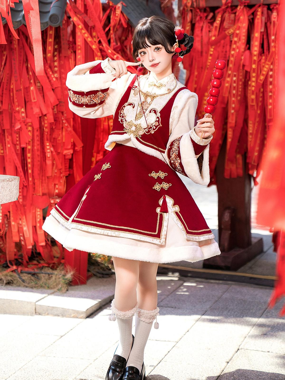 Sweet Promise Red Chinese Lolita A Line Round Neck Three Piece Women's Skirt Sets