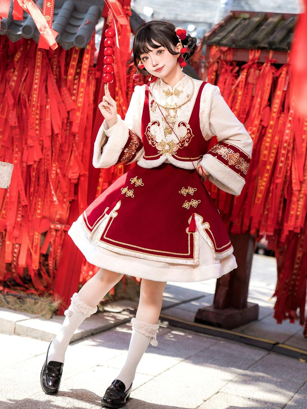 Sweet Promise Red Chinese Lolita A Line Round Neck Three Piece Women's Skirt Sets