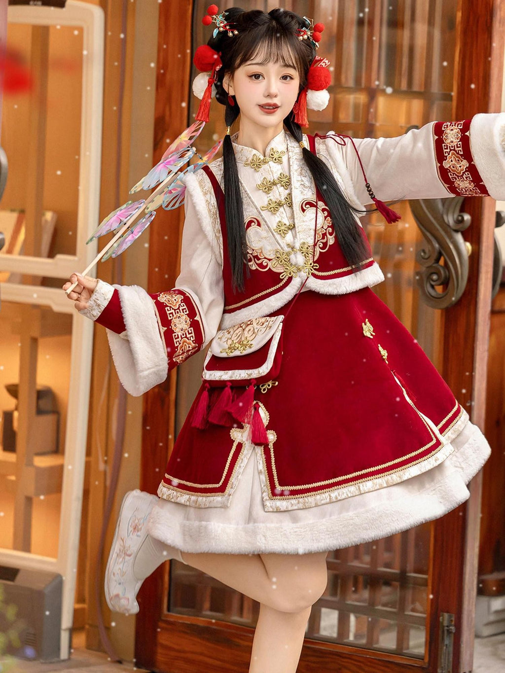 Sweet Promise Red Chinese Lolita A Line Round Neck Three Piece Women's Skirt Sets