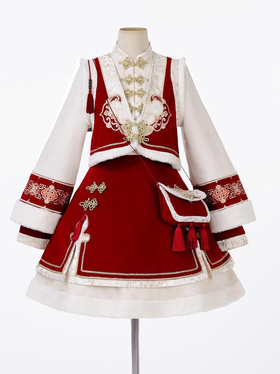 Sweet Promise Red Chinese Lolita A Line Round Neck Three Piece Women's Skirt Sets