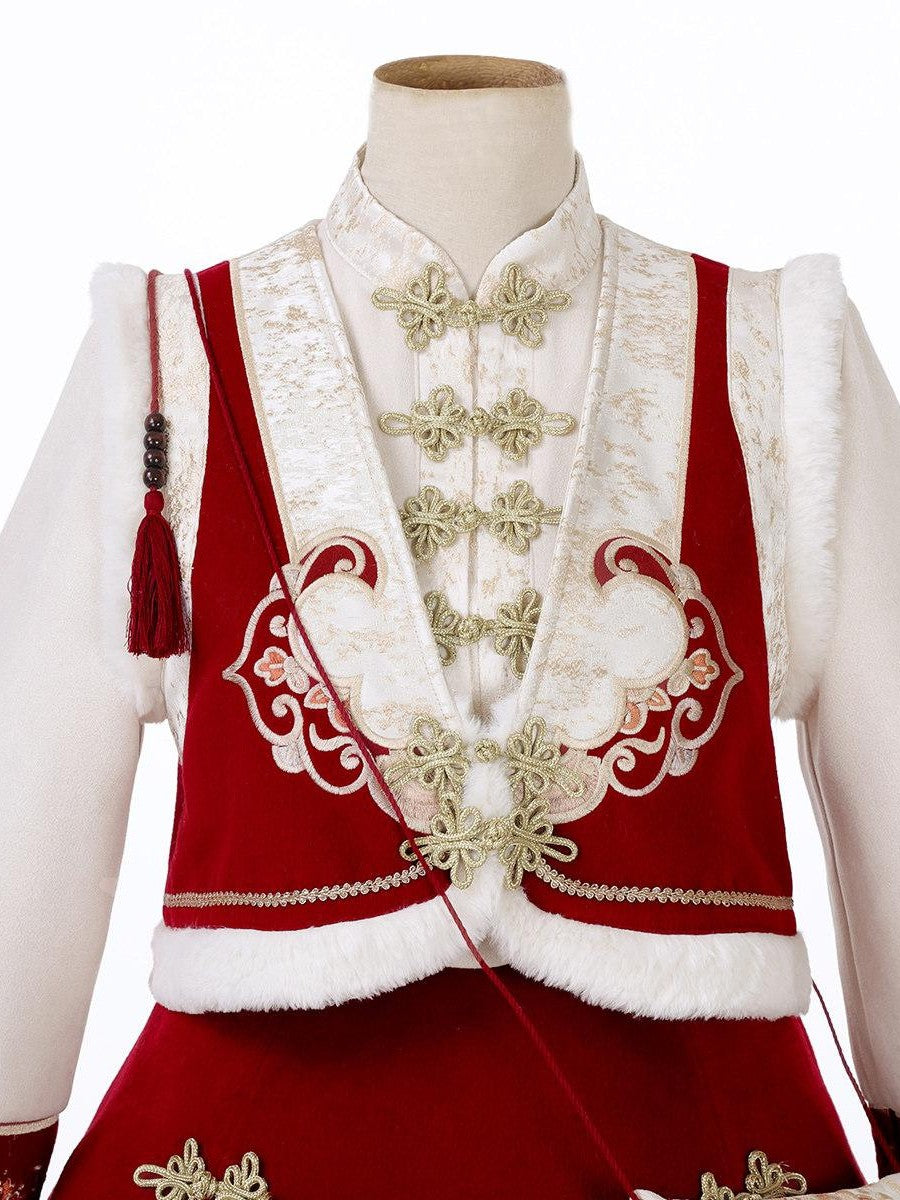 Sweet Promise Red Chinese Lolita A Line Round Neck Three Piece Women's Skirt Sets
