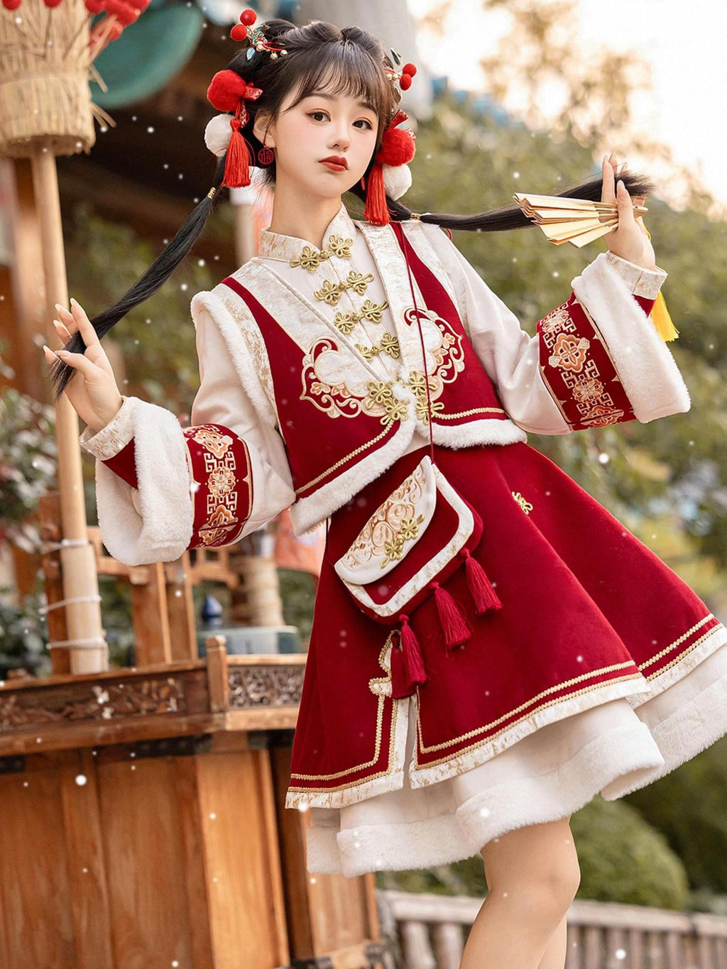 Sweet Promise Red Chinese Lolita A Line Round Neck Three Piece Women's Skirt Sets