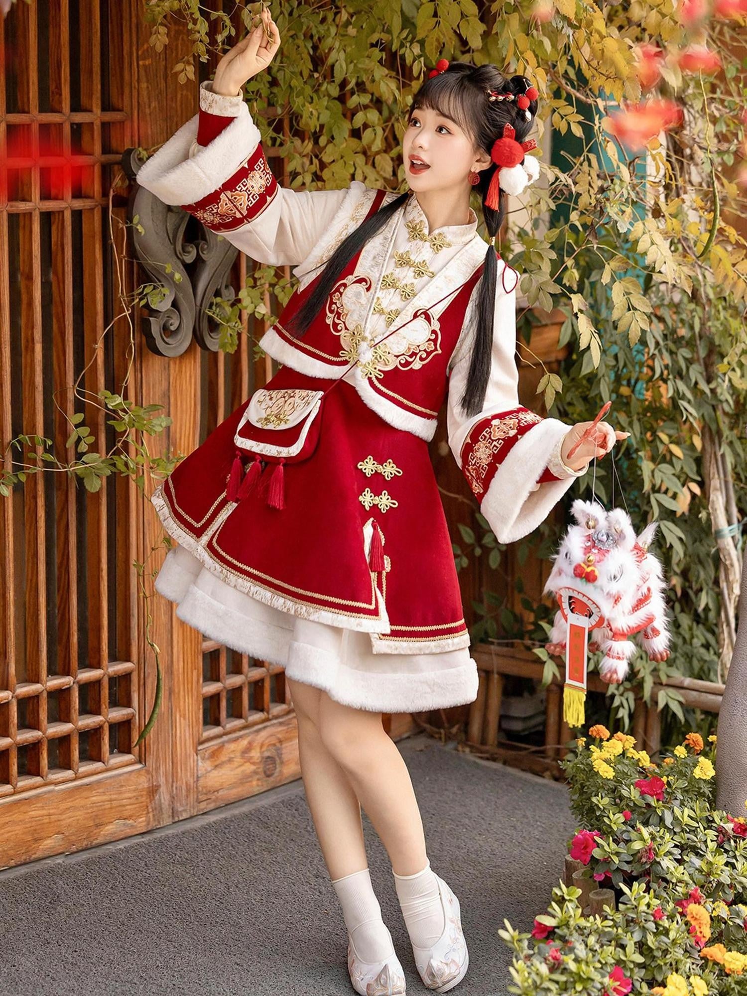 Sweet Promise Red Chinese Lolita A Line Round Neck Three Piece Women's Skirt Sets