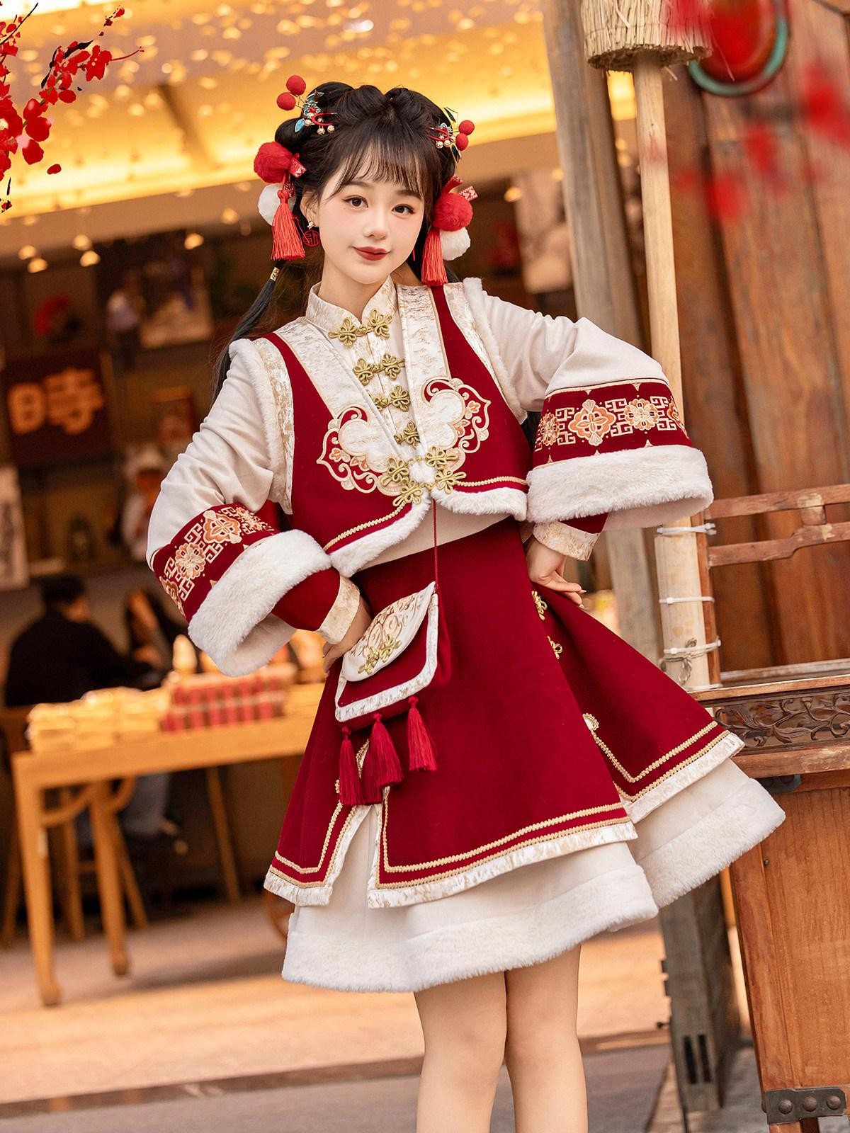 Sweet Promise Red Chinese Lolita A Line Round Neck Three Piece Women's Skirt Sets