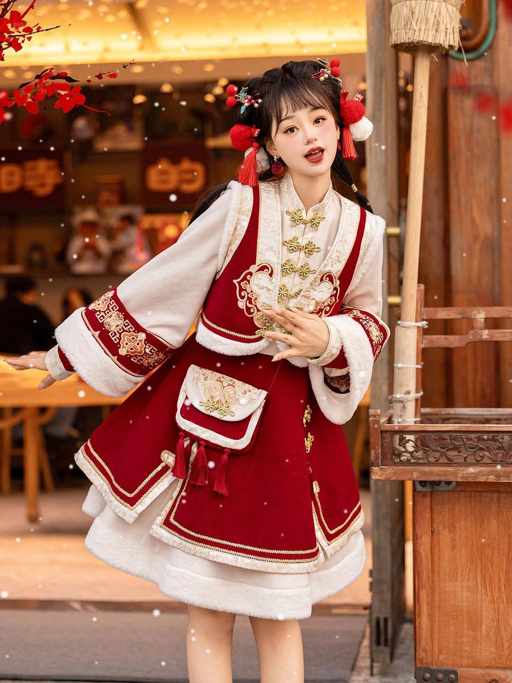 Sweet Promise Red Chinese Lolita A Line Round Neck Three Piece Women's Skirt Sets