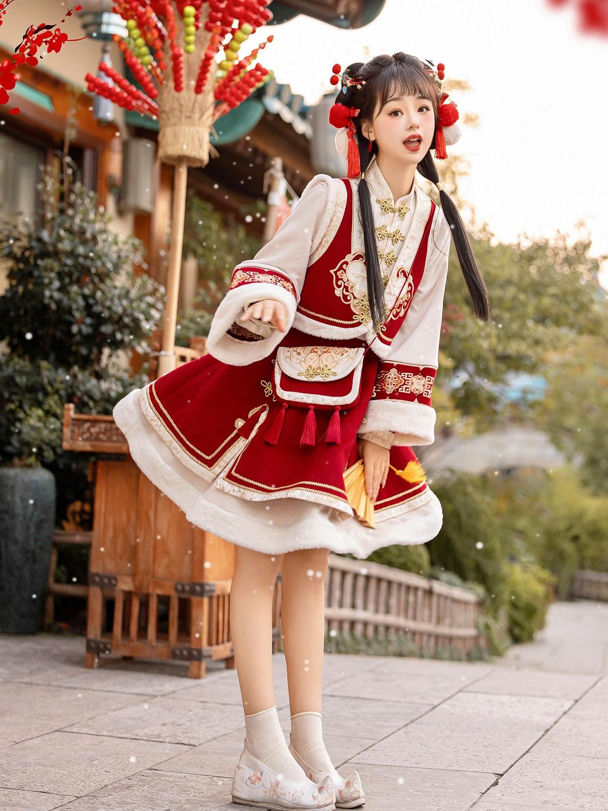 Sweet Promise Red Chinese Lolita A Line Round Neck Three Piece Women's Skirt Sets