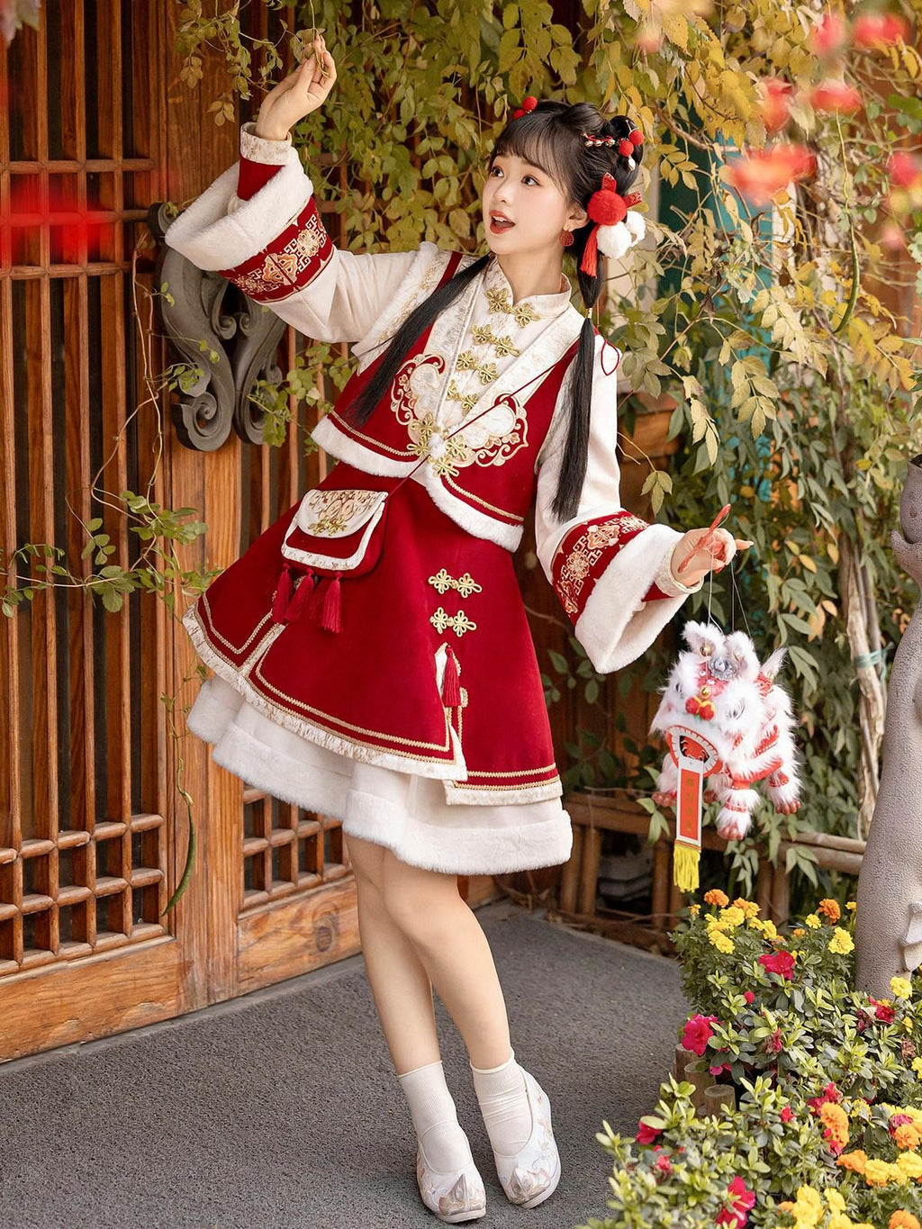 Sweet Promise Red Chinese Lolita A Line Round Neck Three Piece Women's Skirt Sets