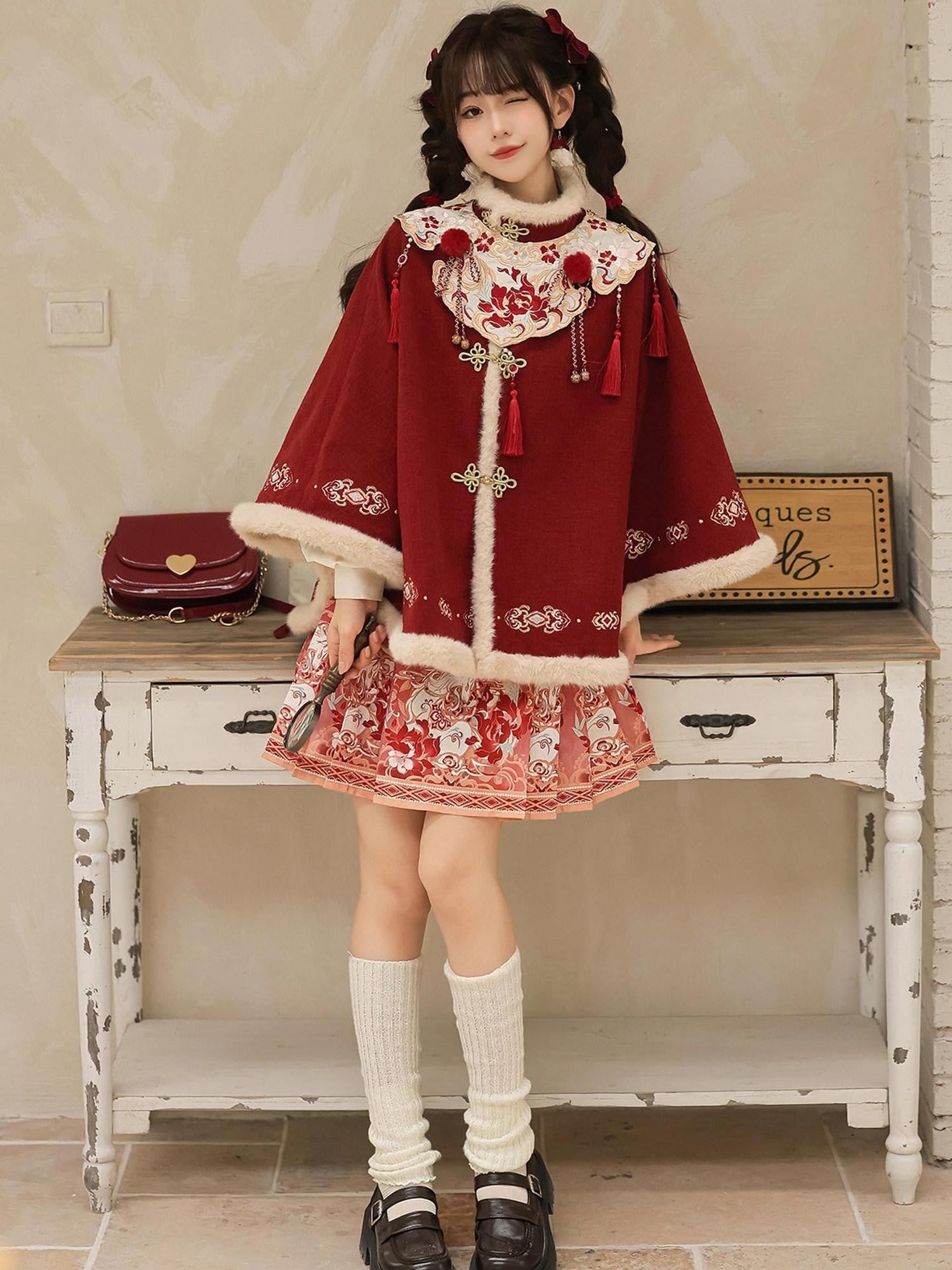 Sweet Promise Red Chinese Lolita Cloud Shoulder A Line Four Piece Loose Fit Women's Skirt Sets