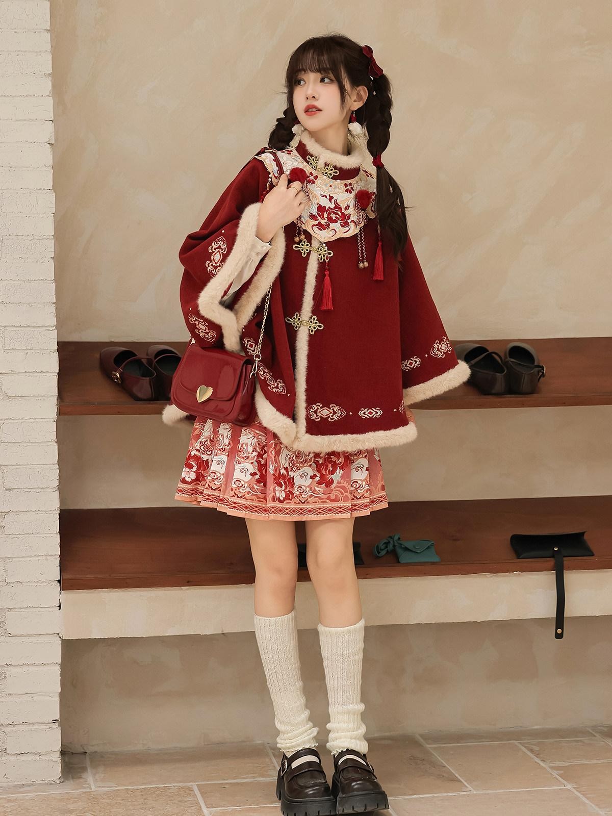 Sweet Promise Red Chinese Lolita Cloud Shoulder A Line Four Piece Loose Fit Women's Skirt Sets