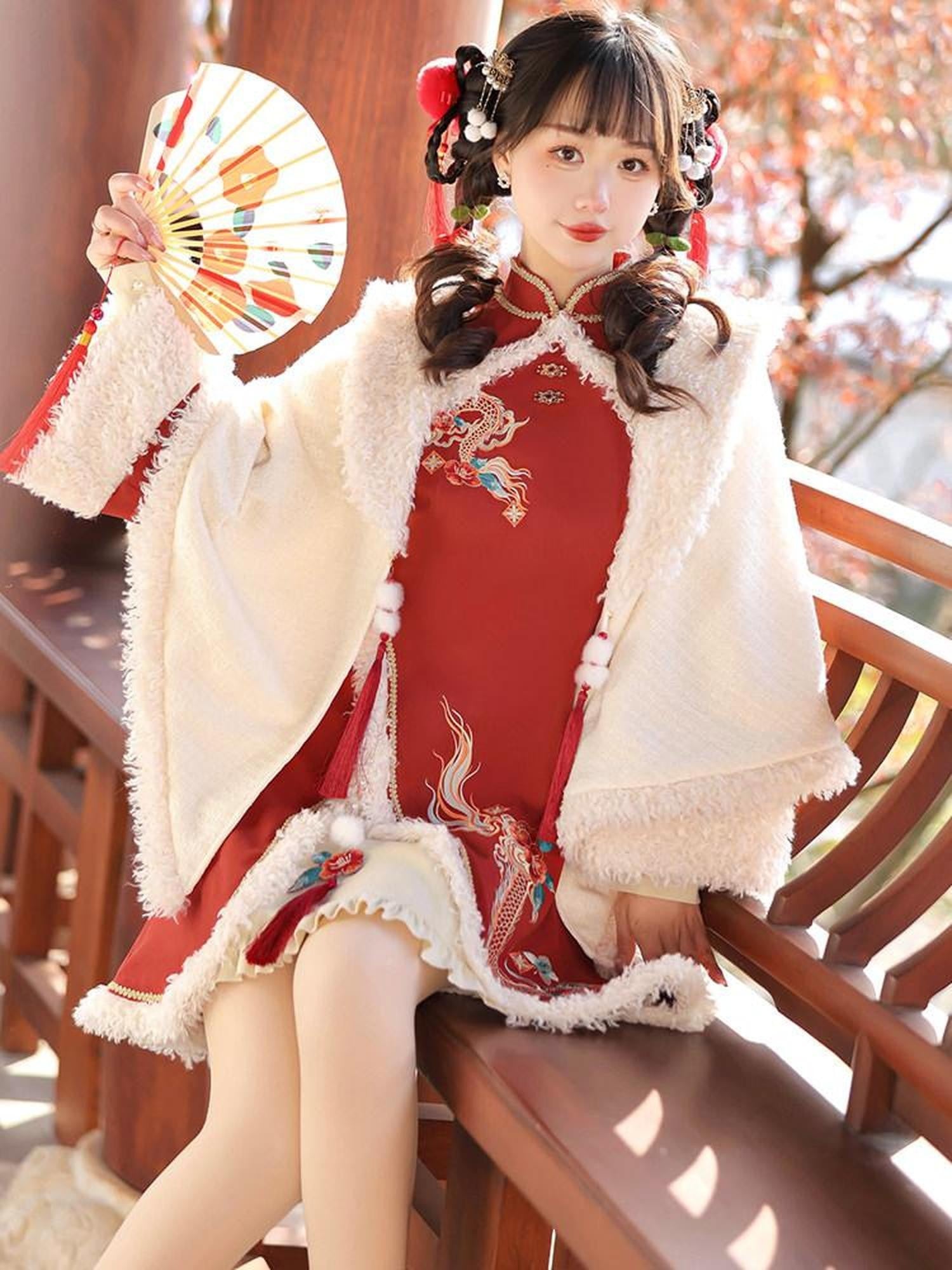 Sweet Promise Red Chinese Lolita Princess Aline Women's Polyester Long Sleeve Op