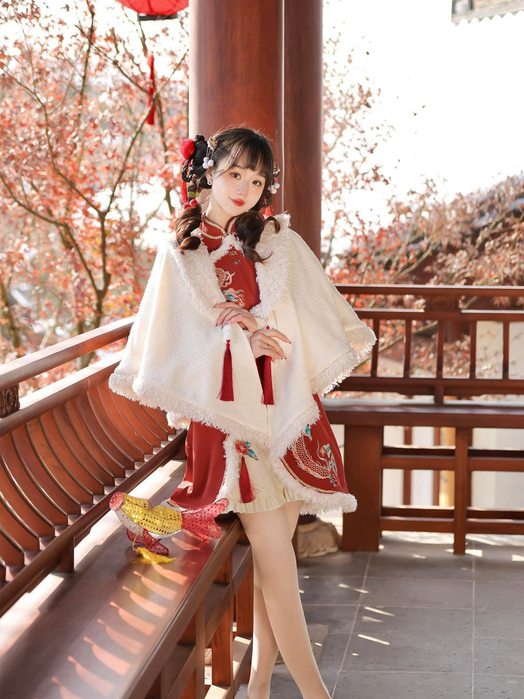 Sweet Promise Red Chinese Lolita Princess Aline Women's Polyester Long Sleeve Op