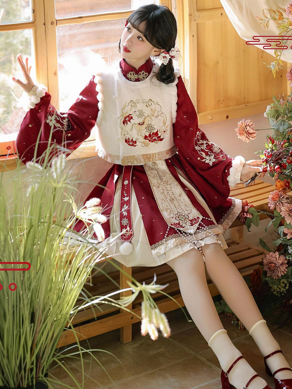 Sweet Promise Red Chinese Lolita Stand Collar A Line Four Piece Women's Skirt Sets