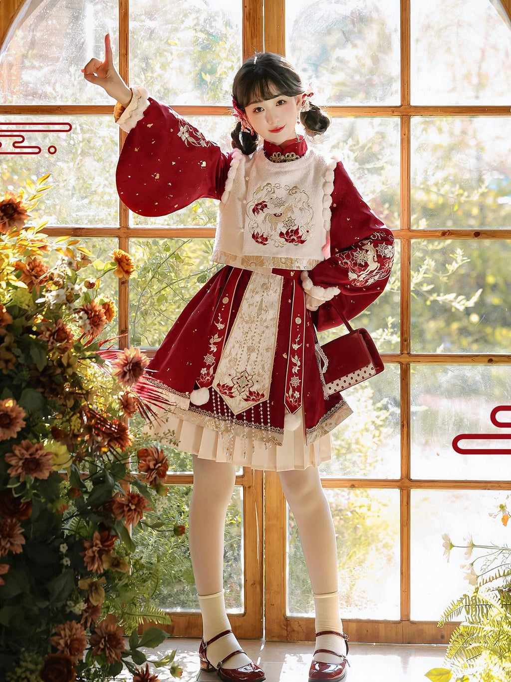 Sweet Promise Red Chinese Lolita Stand Collar A Line Four Piece Women's Skirt Sets