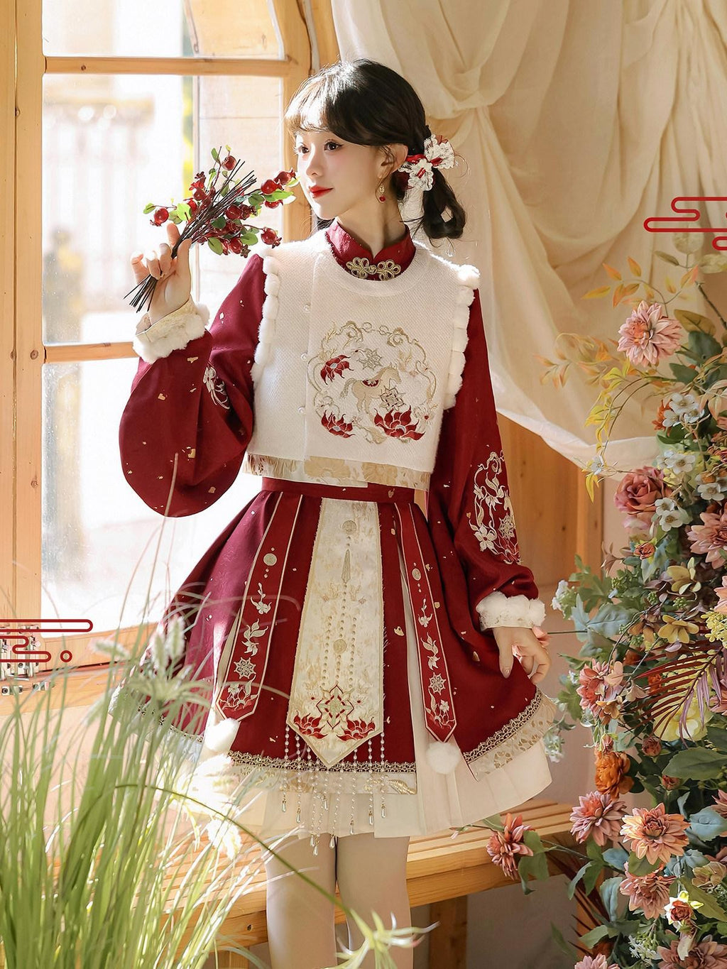 Sweet Promise Red Chinese Lolita Stand Collar A Line Four Piece Women's Skirt Sets