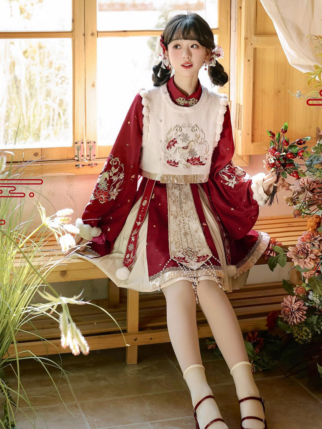 Sweet Promise Red Chinese Lolita Stand Collar A Line Four Piece Women's Skirt Sets