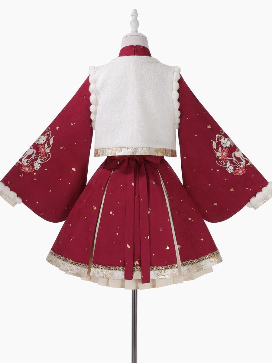Sweet Promise Red Chinese Lolita Stand Collar A Line Four Piece Women's Skirt Sets