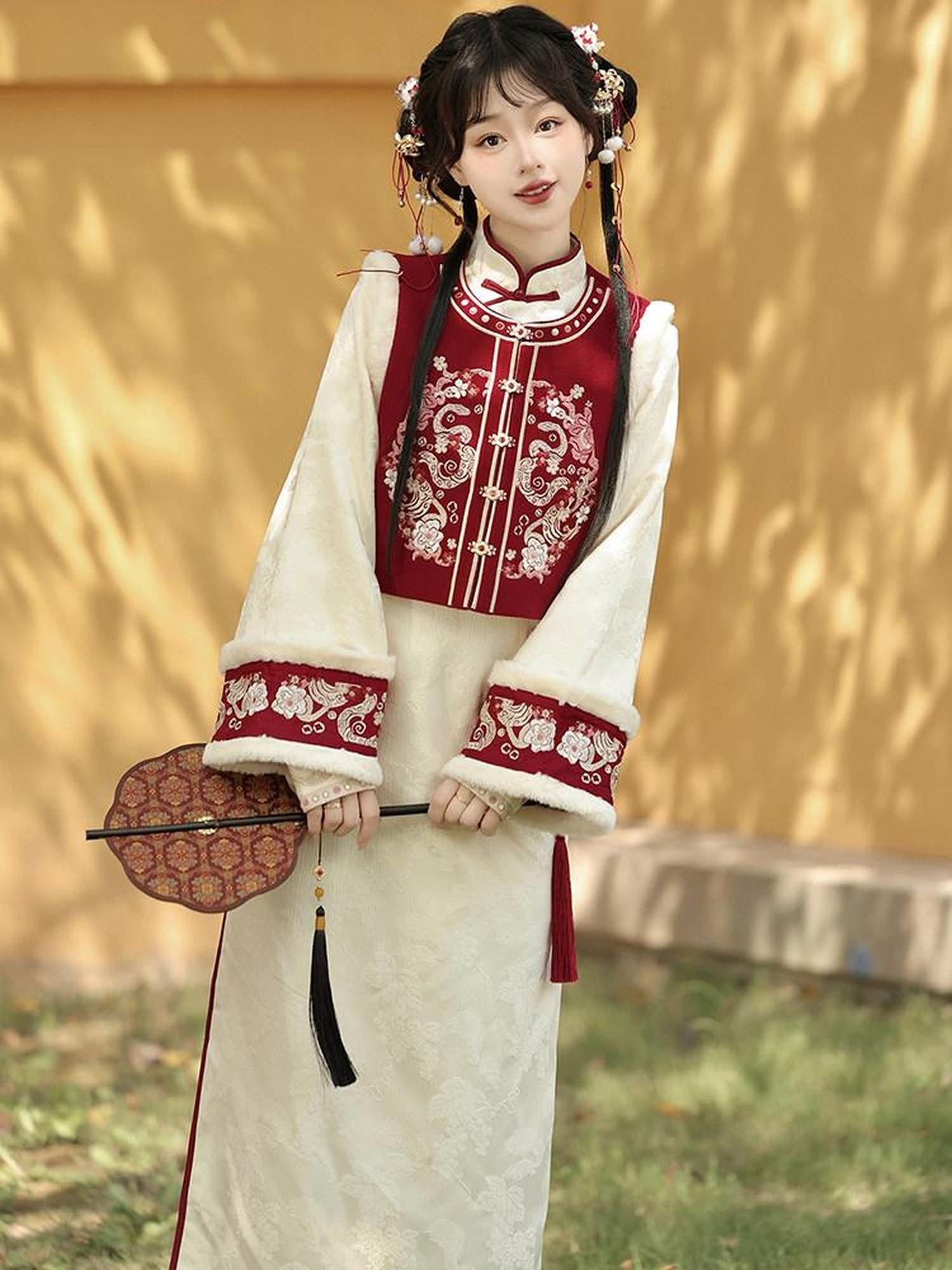 Sweet Promise Red Chinese Style Modified Hanfu Qipao Tassel Vest Women's Polyester Op Sets