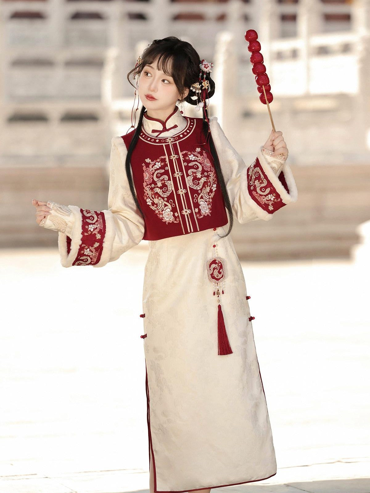 Sweet Promise Red Chinese Style Modified Hanfu Qipao Tassel Vest Women's Polyester Op Sets