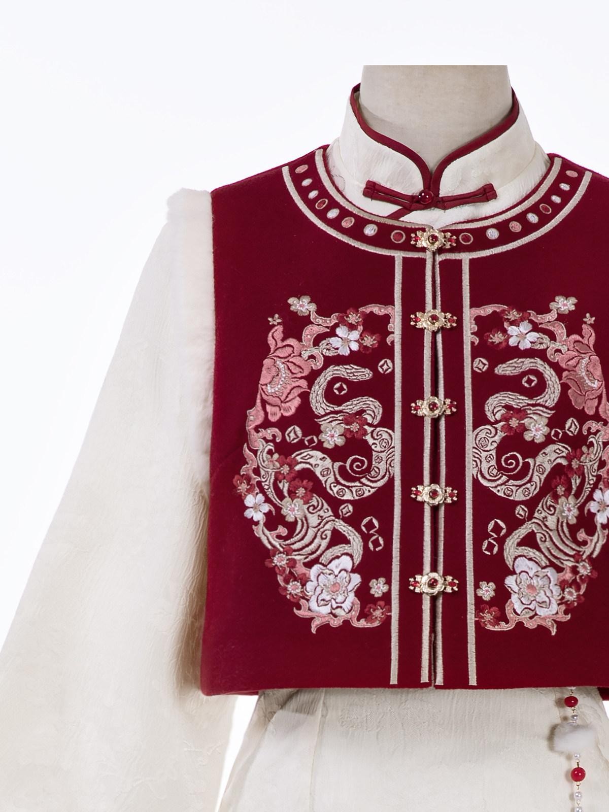 Sweet Promise Red Chinese Style Modified Hanfu Qipao Tassel Vest Women's Polyester Op Sets