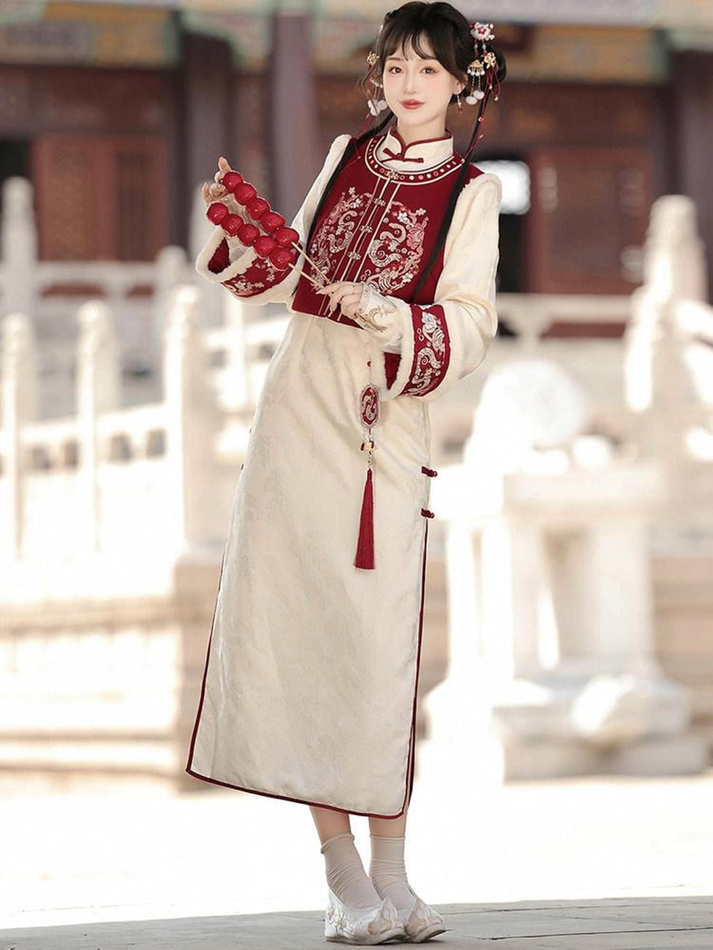 Sweet Promise Red Chinese Style Modified Hanfu Qipao Tassel Vest Women's Polyester Op Sets