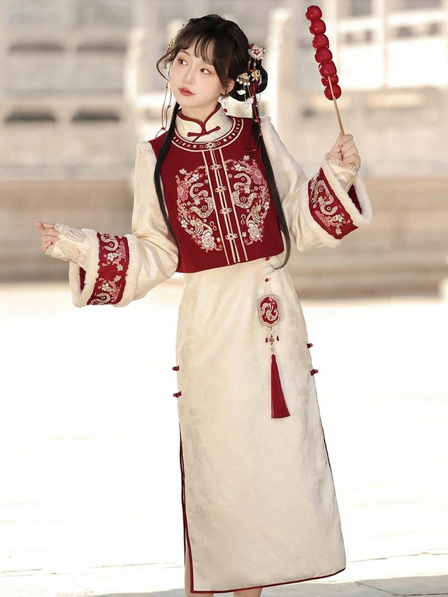 Sweet Promise Red Chinese Style Modified Hanfu Qipao Tassel Vest Women's Polyester Op Sets
