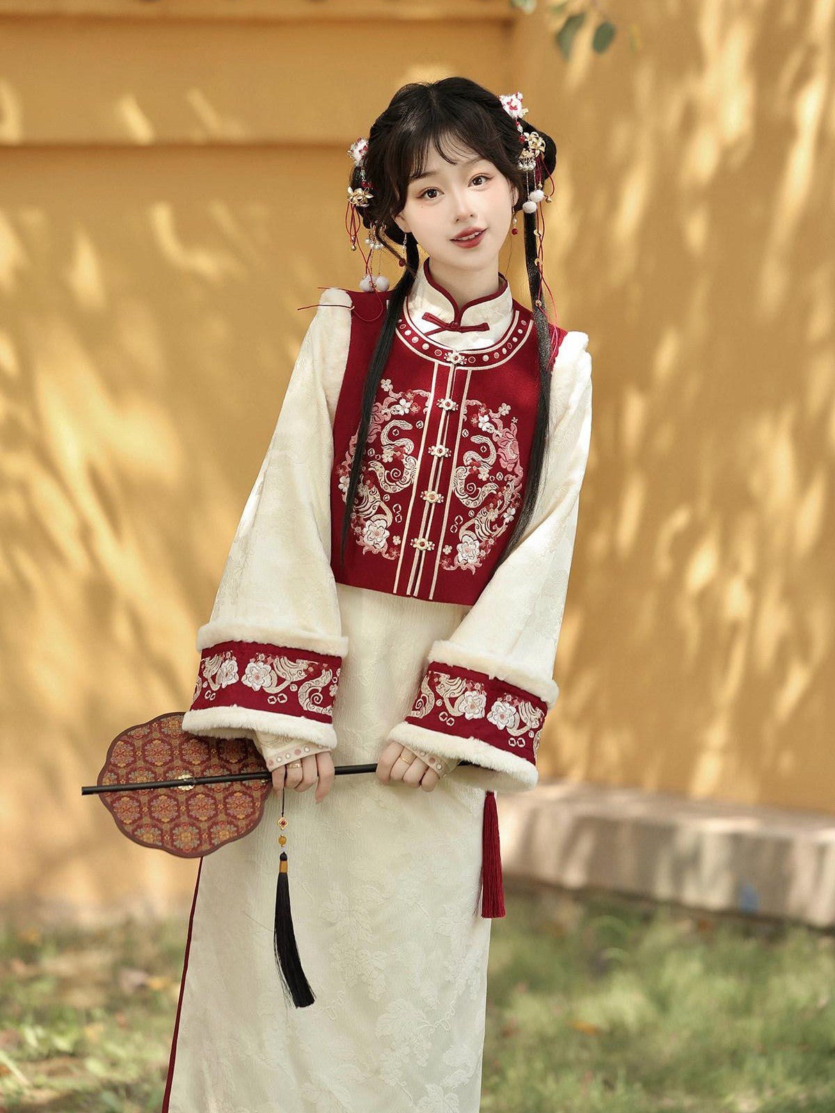 Sweet Promise Red Chinese Style Modified Hanfu Qipao Tassel Vest Women's Polyester Op Sets