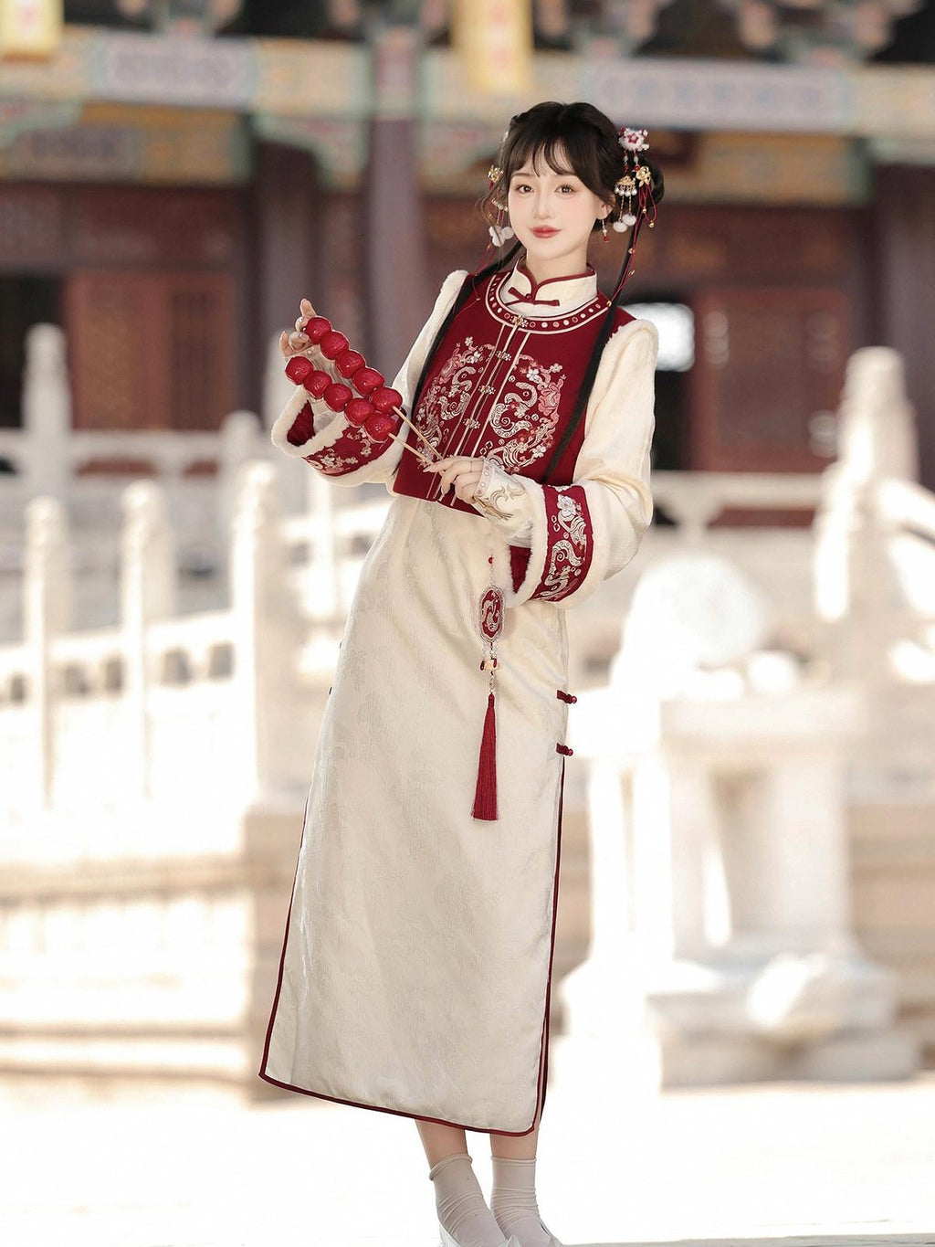 Sweet Promise Red Chinese Style Modified Hanfu Qipao Tassel Vest Women's Polyester Op Sets