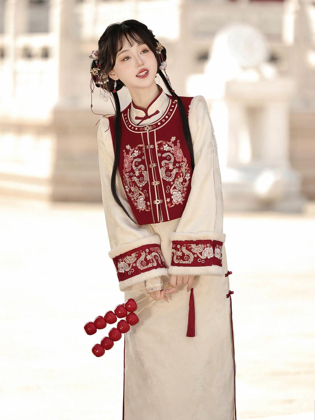 Sweet Promise Red Chinese Style Modified Hanfu Qipao Tassel Vest Women's Polyester Op Sets