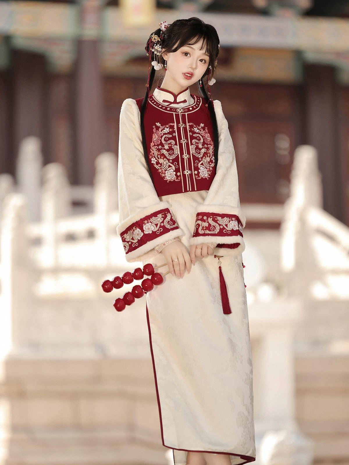 Sweet Promise Red Chinese Style Modified Hanfu Qipao Tassel Vest Women's Polyester Op Sets