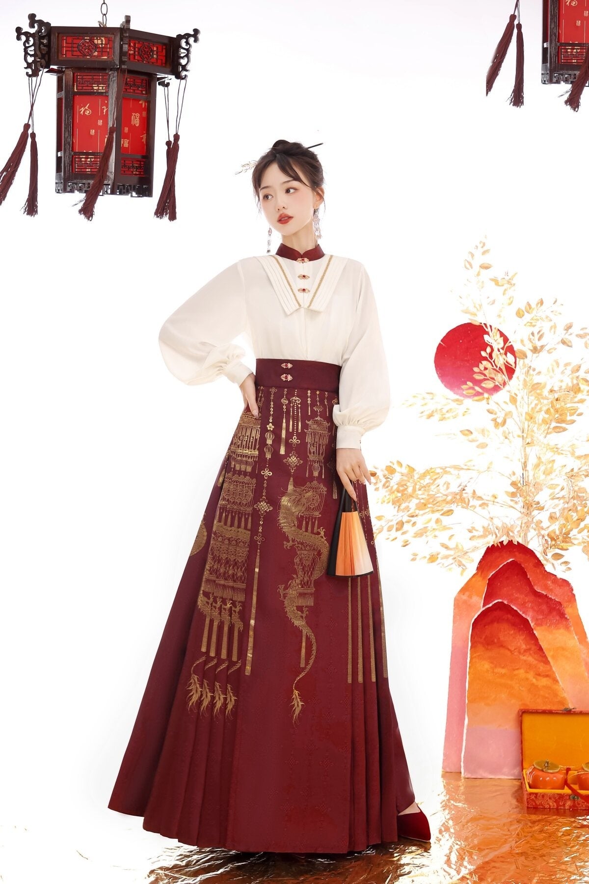 Sweet_Promise_Red_Gold_Brocade_Floral_Ming_Style_Women's_Polyester_Skirt_Sets_858041107481_MISSTT