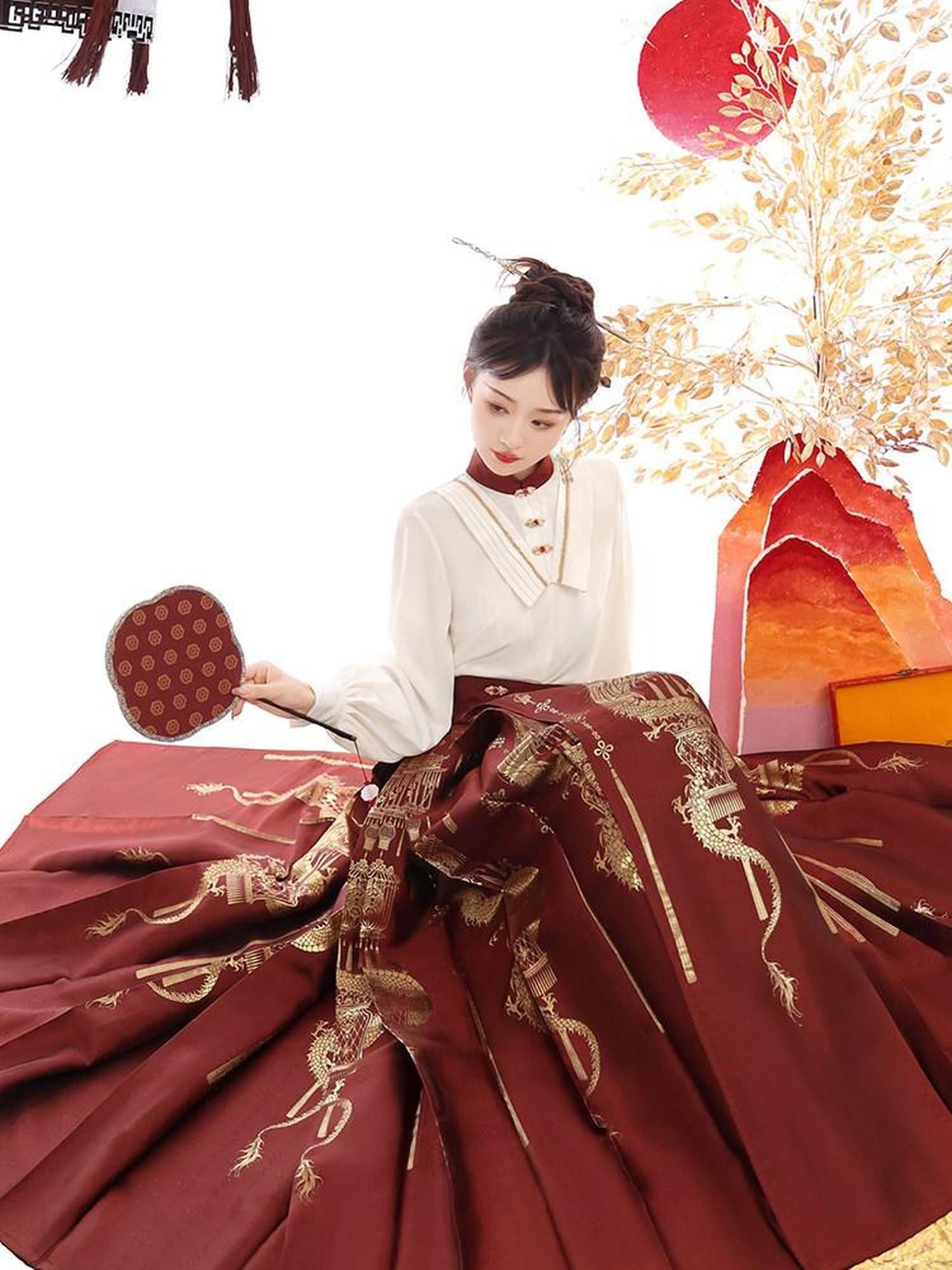 Sweet Promise Red Gold Brocade Floral Ming Style Women's Polyester Skirt Sets